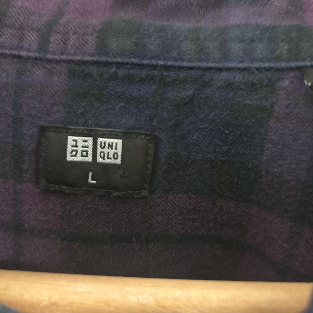 Uniqlo Mens Large Plaid Flannel Button-Up Shirt Purple & Blue Cotton - Picture 3 of 5